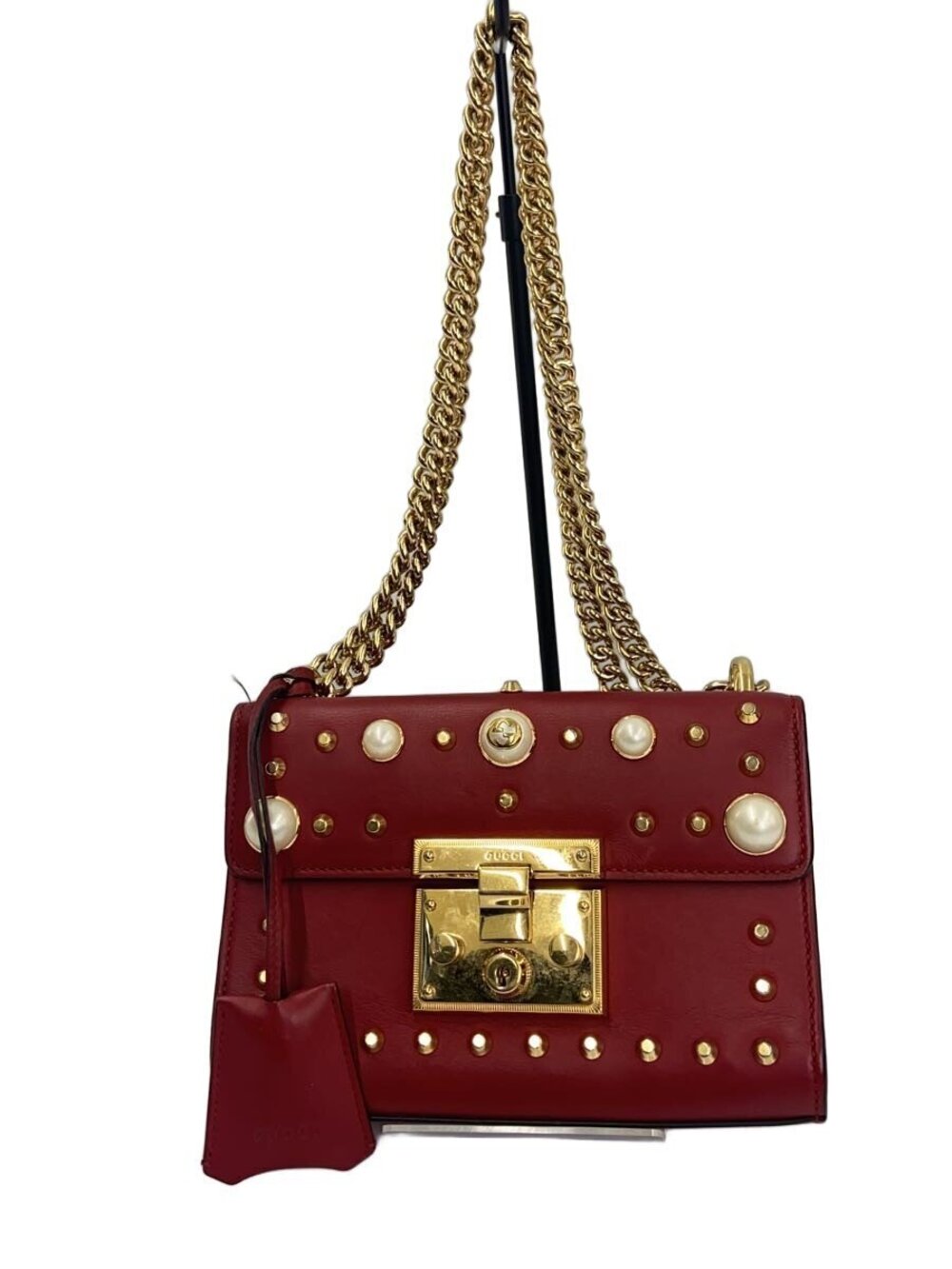 Gucci Studded Padlock Shoulder Bag embellished studs faux pearl Red